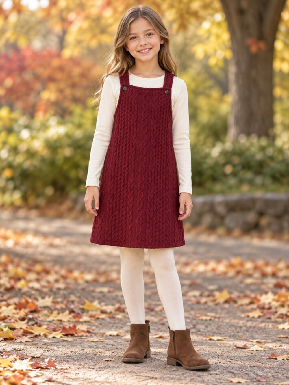 Bonnie Jean Girls Burgundy Cable Knit Pinafore Jumper Dress Size 10